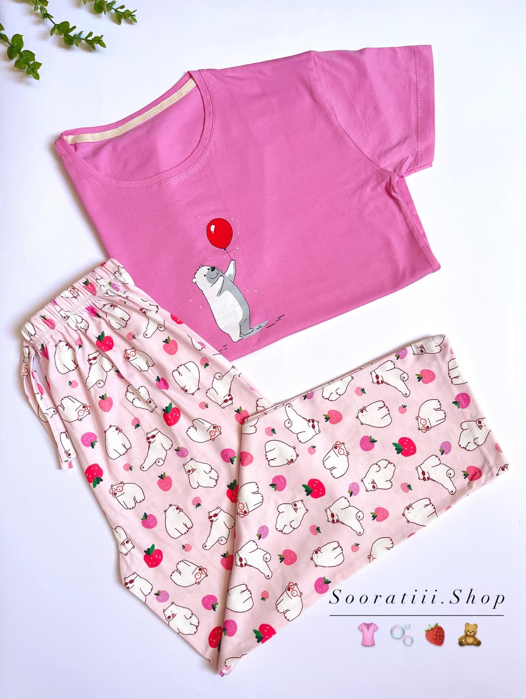 ست تیشرت شلوار جنس نخ پنبه % فری سایز صورتی طرح خرسی طوسی طرح روباه